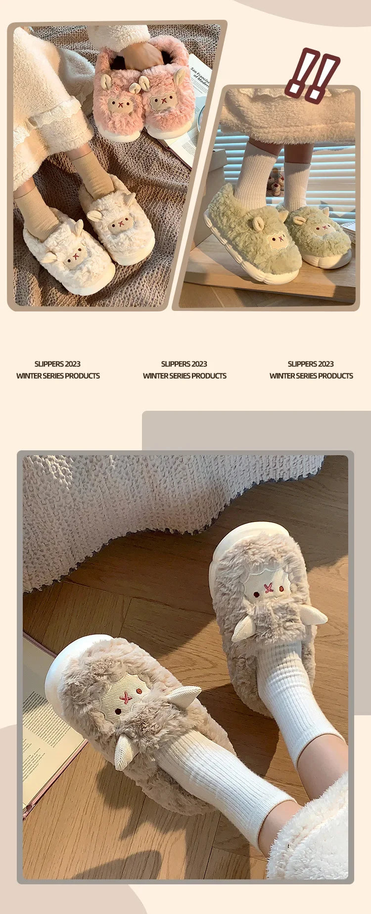 Winter Cartoon Plush Slippers Warm Fluffy Faux Fur Sheep Design Indoor Home Couple Cotton Slippers for Men And Women