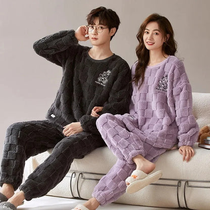 Thickened Coral Fleece Long Sleeve Sleepwear for Couples Spring Autumn Winter Flannel Warm Home Clothes Men Women Winter Home Py