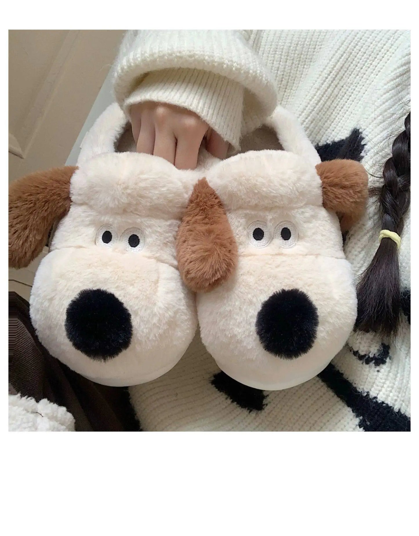 Women Home Soft Sole Cotton Slippers Cartoon Cute Dog Fluffy Slippers Female Winter Slides Ladies Plush Indoor Flats Flip Flops
