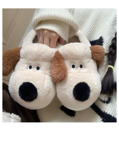 Women Home Soft Sole Cotton Slippers Cartoon Cute Dog Fluffy Slippers Female Winter Slides Ladies Plush Indoor Flats Flip Flops