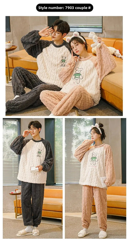 Thickened Coral Fleece Long Sleeve Sleepwear for Couples Spring Autumn Winter Flannel Warm Home Clothes Men Women Winter Home Py