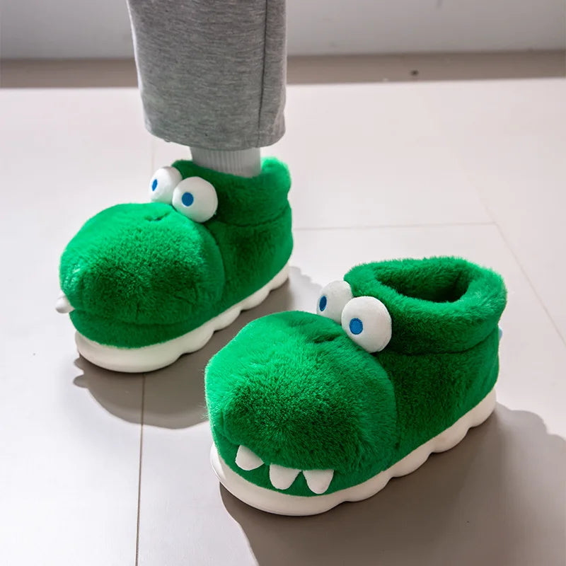Winter Warm Shoes Woman Men Indoor Fluffy Slippers Cute Cartoon Crocodile Thick Sole Soft Plush Couples Home Floor Snow Boots