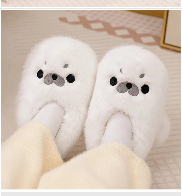 Little Seal Fluffy Home Slippers Anti-Slip Indoor Floor Shoes Cartoon Cute Plush Thicken Warm Cotton Shoes