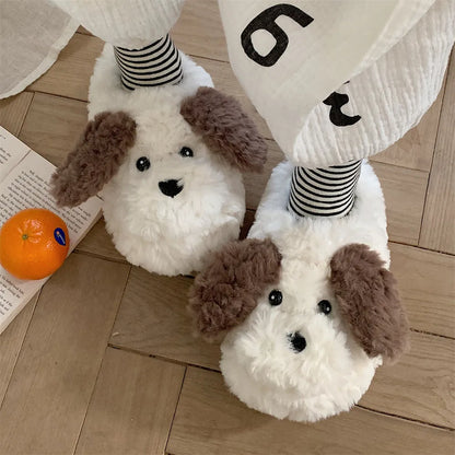 Short Fur Slippers for Women Winter Warm Furry Cozy Cotton Shoes for Home Indoor Cute Dog Couples Antiskid Slippers