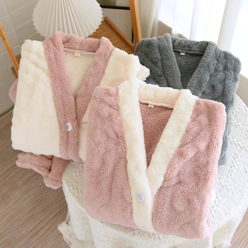 Thickened Flannel V-Neck Couple Sleepwear Long Sleeve Home Clothes Set for Autumn Winter Warm Polyester Fiber Open Cardigan