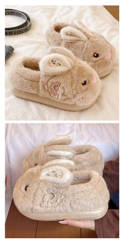 Cute Rabbit Embroidery Cotton Slippers Women's Winter New Style Indoor Home Anti-slip Warm Plush Wrapped Heel Cotton Shoes Ou...
