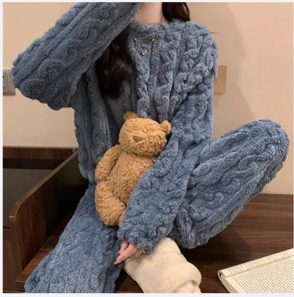 Autumn Winter Sweet Coral Fleece Pajamas Women Fleece-lined Thickened 2025 New Zip-up Flannel Warm Home Wear Set