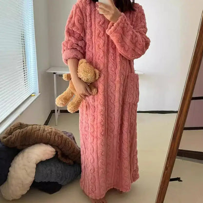 Winter Long Sleeve Flannel Nightgowns Women Loose Double Pocket Solid Sleepwear Jacquard Night Dress Thickened Warm Nightdress