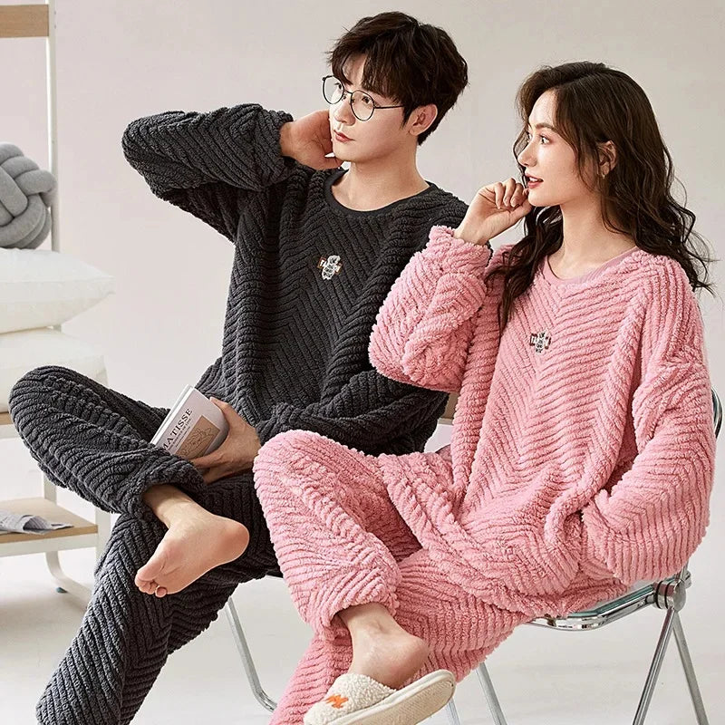 Thickened Coral Fleece Long Sleeve Sleepwear for Couples Spring Autumn Winter Flannel Warm Home Clothes Men Women Winter Home Py