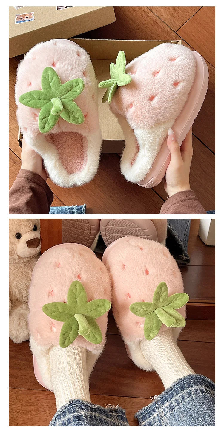 Cute Strawberry Fluffy Slippers Women's Indoor Home Warm Thick Bottom Anti-slip Outdoor Wearable Slip-On Indoor Slippers