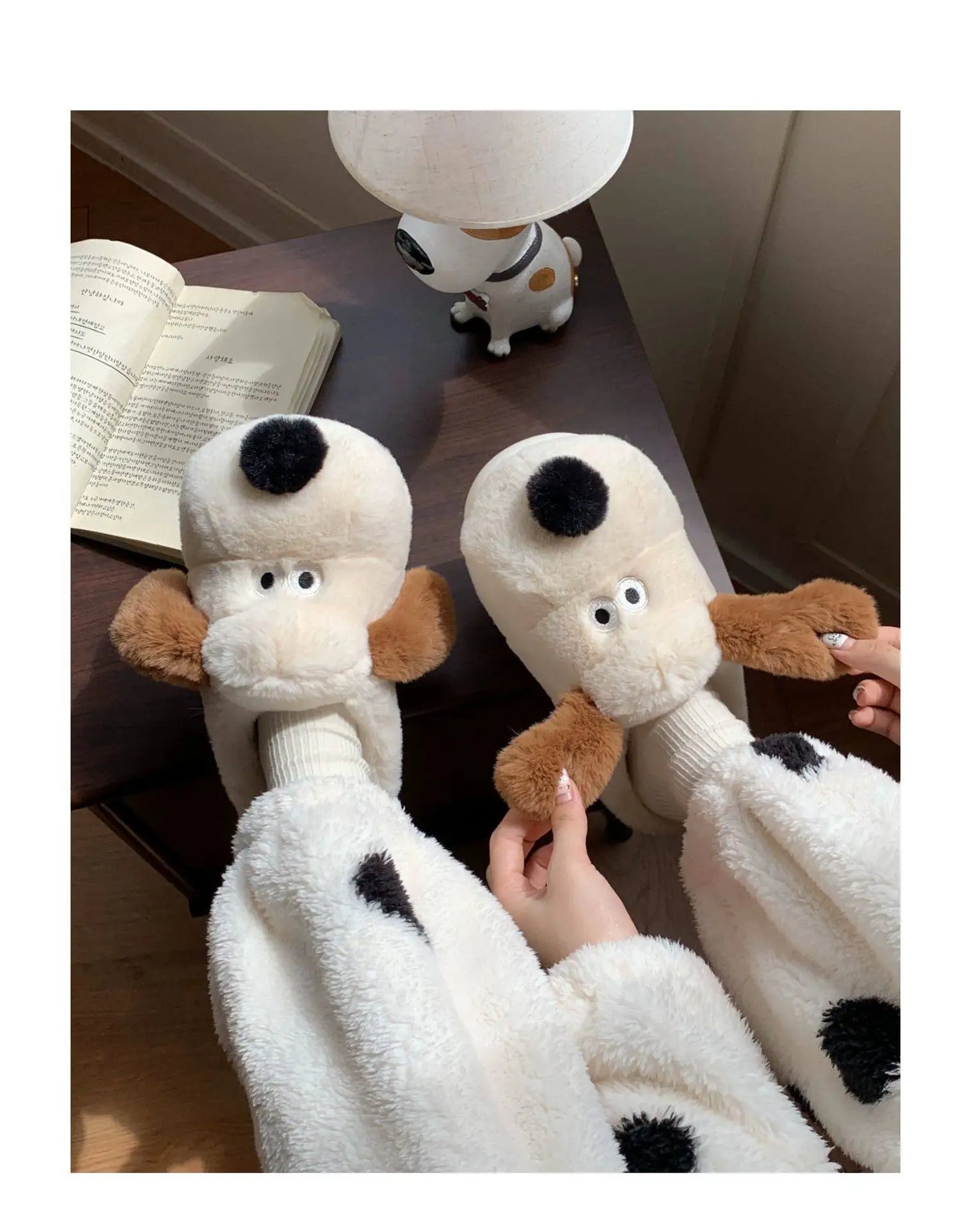 Women Home Soft Sole Cotton Slippers Cartoon Cute Dog Fluffy Slippers Female Winter Slides Ladies Plush Indoor Flats Flip Flops