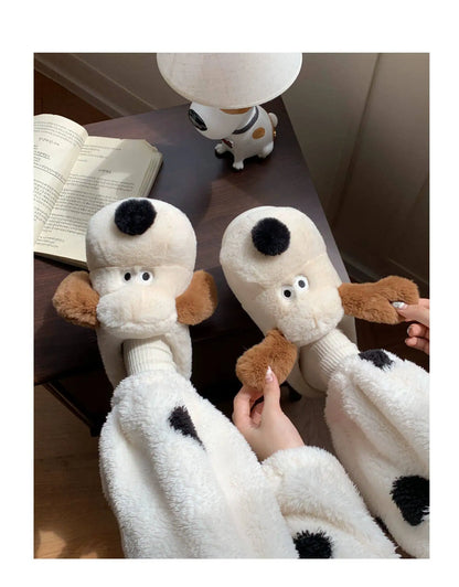 Women Home Soft Sole Cotton Slippers Cartoon Cute Dog Fluffy Slippers Female Winter Slides Ladies Plush Indoor Flats Flip Flops
