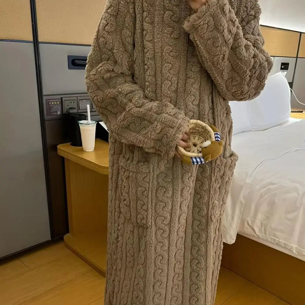 Winter Long Sleeve Flannel Nightgowns Women Loose Double Pocket Solid Sleepwear Jacquard Night Dress Thickened Warm Nightdress