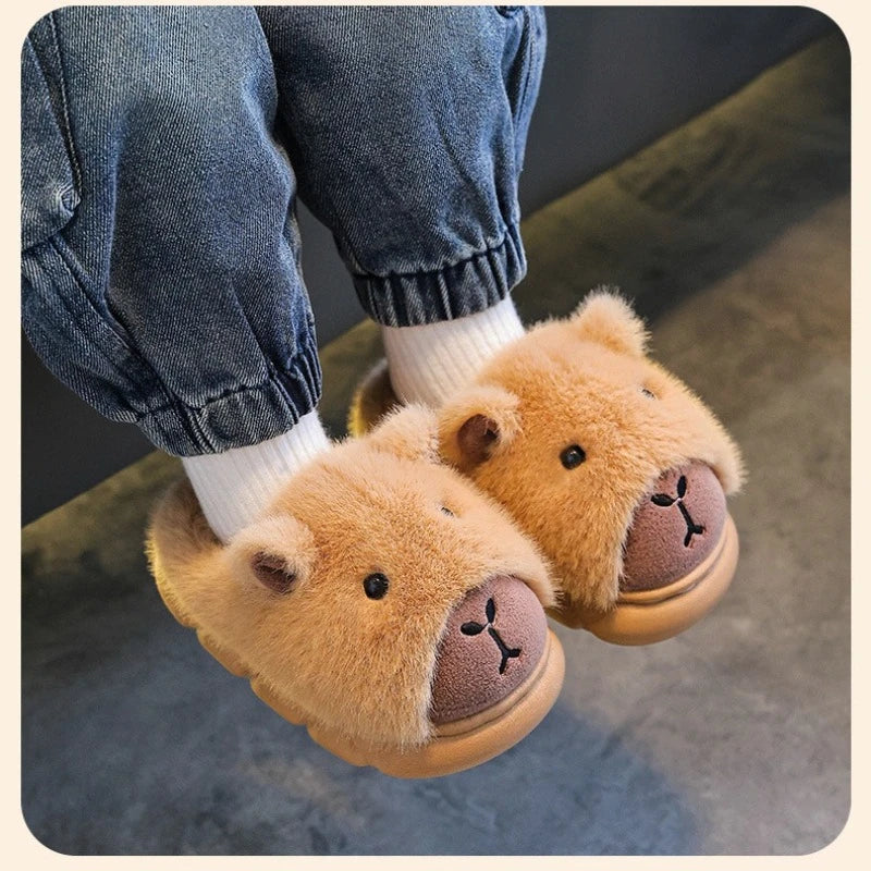 Cute Capybara Cotton Slippers for Children Winter 2025 New Warm Fluffy Home Shoes for Anti Slip Plush Slippers for Children