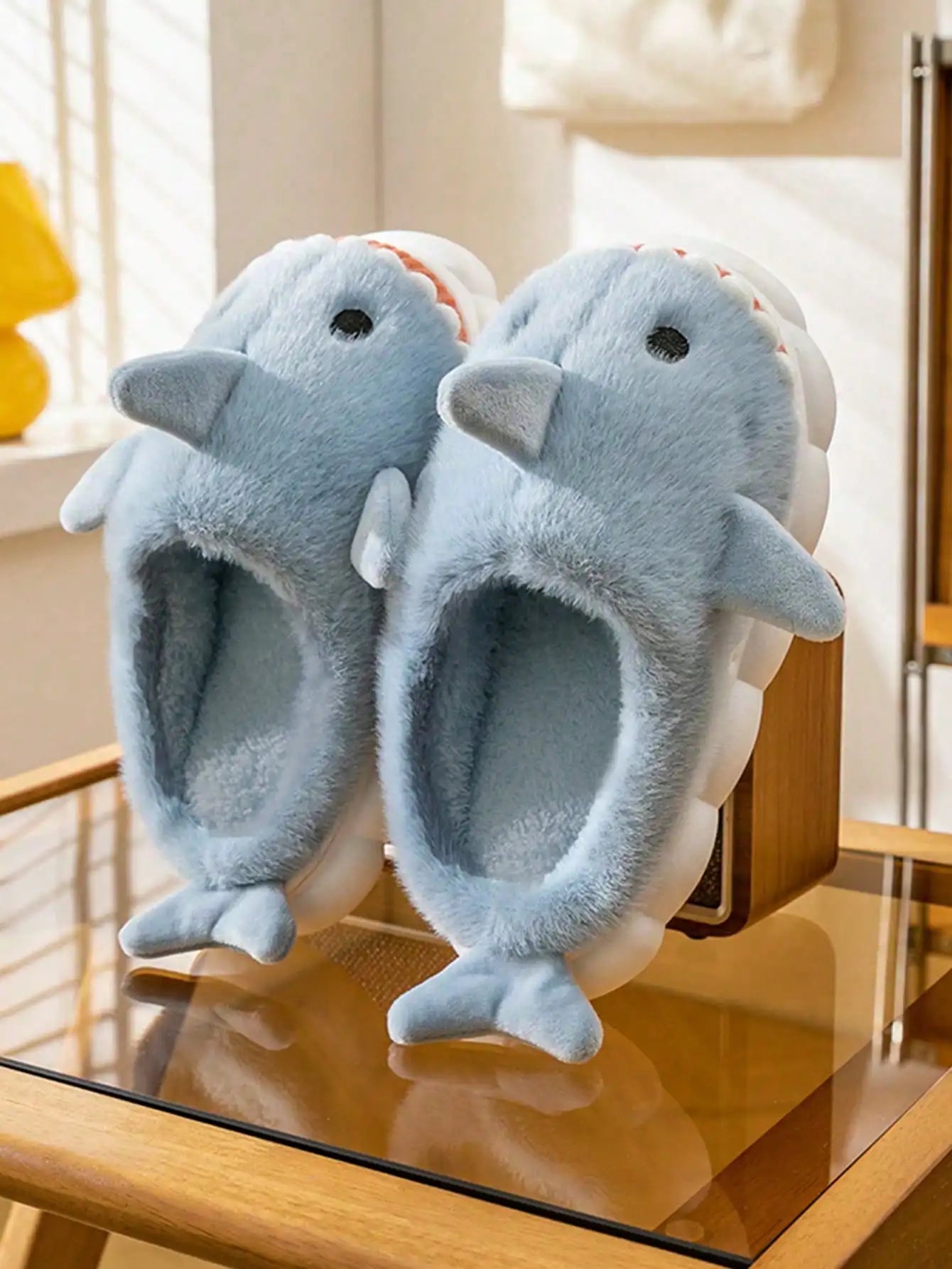 Men's Home Slippers Autumn and Winter New Interesting Cartoon Shark Plaid Cotton Slippers