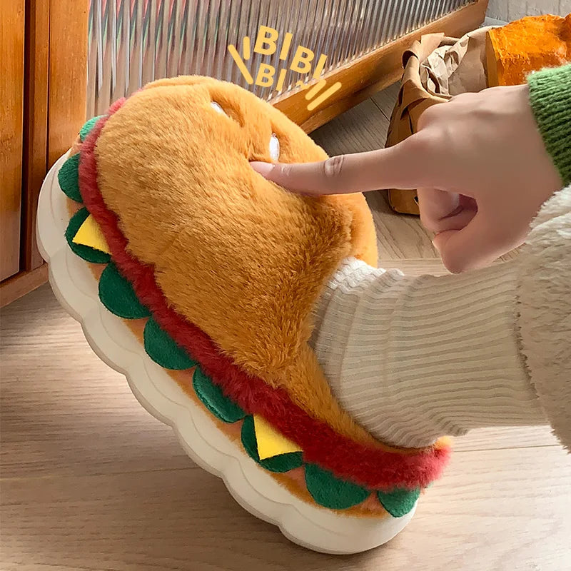 Hamburger cotton slippers for women in winter, new home bag and warm plush couple cotton shoes for women