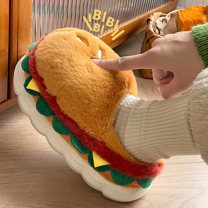 Hamburger cotton slippers for women in winter, new home bag and warm plush couple cotton shoes for women