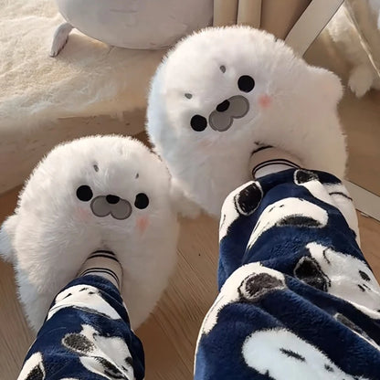 Little Seal Fluffy Home Slippers Anti-Slip Indoor Floor Shoes Cartoon Cute Plush Thicken Warm Cotton Shoes