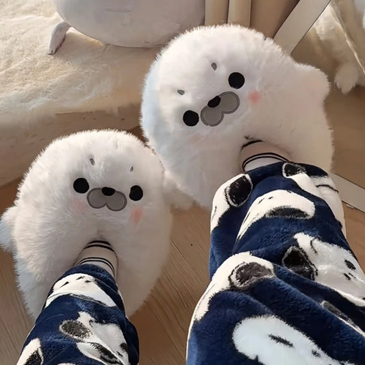 Little Seal Fluffy Home Slippers Anti-Slip Indoor Floor Shoes Cartoon Cute Plush Thicken Warm Cotton Shoes