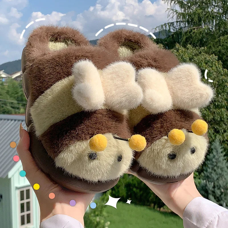 Cute Bee Winter Home Plush Slippers Women's Cotton Slippers Low Heel Soft Bottom Home Shoes Anti-slip Furry Comfortable Footwear