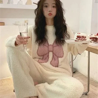 2024 New Women's Sleepwear Autumn/Winter Thickened Fleece-Lined Sweet Cute Coral Velvet Home Suit Cross-Border
