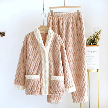 2025 Autumn/Winter New Women's Pajama Set Flannel Thickened Warm Cute Long Sleeve Pants Two Piece Coral Fleece Home Fur Women