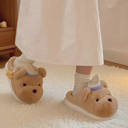 Women House Fur Slippers Casual Cute 3D-shaped Sleeping Cap Bear Design Khaki Winter Indoor Non-slip Warm Soft Soles Comfy Home