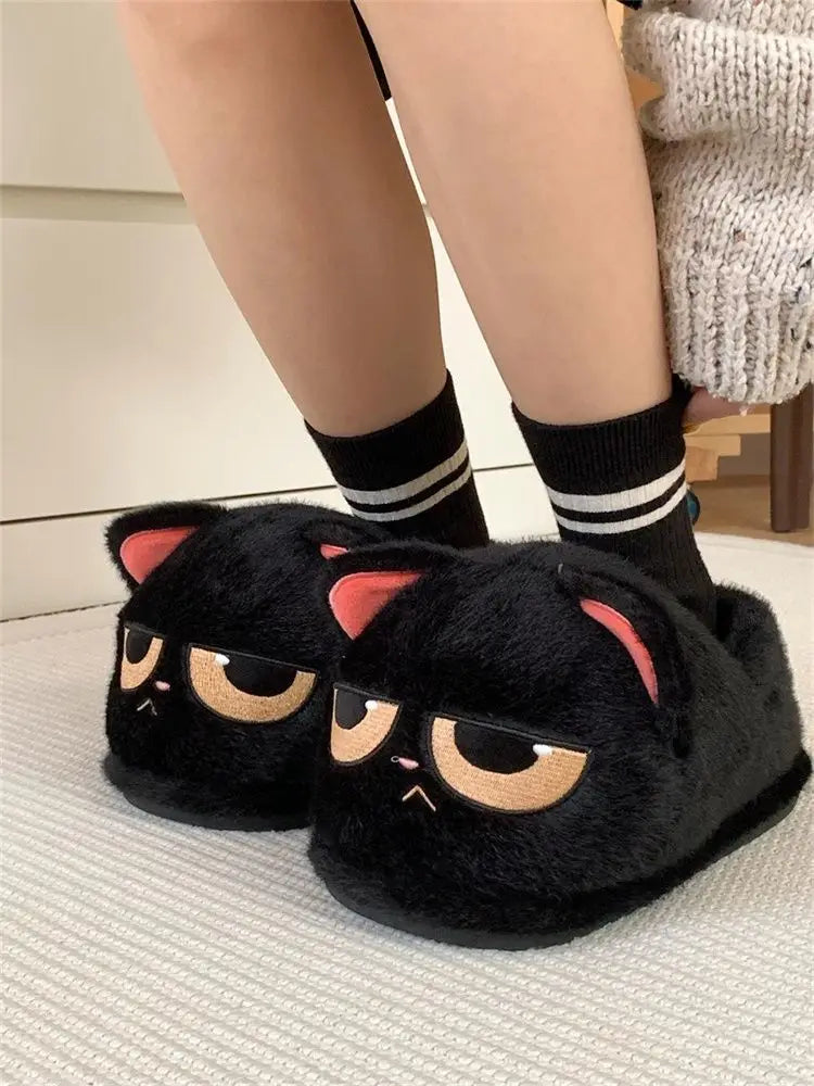 Winter black unhappy kitty slippers women men indoor home slides shoes ladies fun fuzzy kitten slipper cat lovers indoor shoes