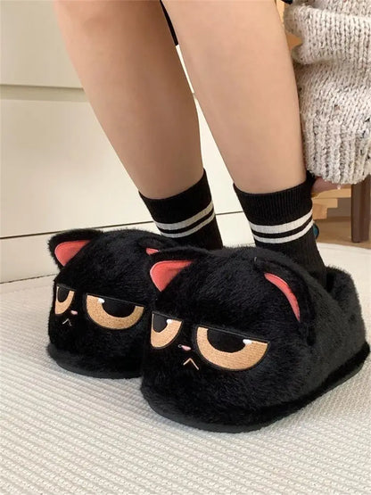Winter black unhappy kitty slippers women men indoor home slides shoes ladies fun fuzzy kitten slipper cat lovers indoor shoes