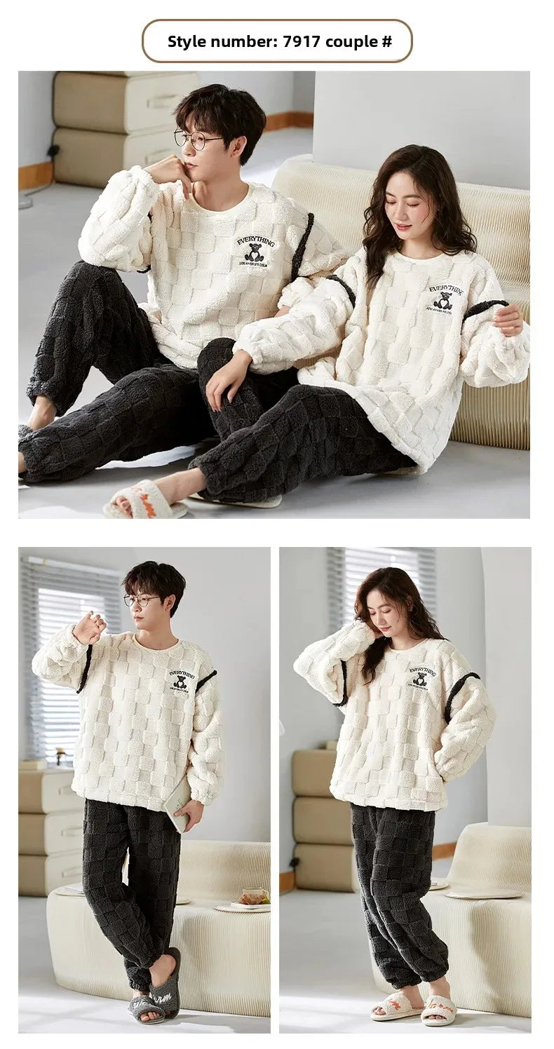 Thickened Coral Fleece Long Sleeve Sleepwear for Couples Spring Autumn Winter Flannel Warm Home Clothes Men Women Winter Home Py