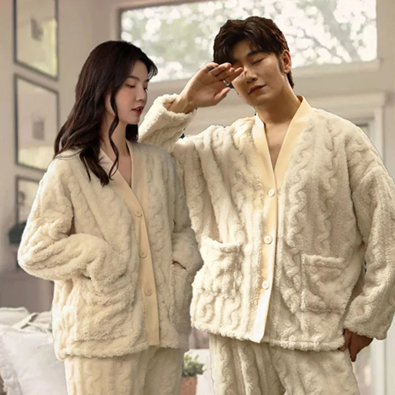 Thickened Long Flannel Pajamas Couples Sleepwear V-neck Embroidered Solid Coral Fleece Home Clothes Set for Autumn And Winter