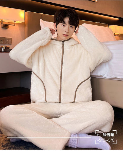 6XL 7XL 8XL Winter Men's Hooded Homewear Heavy Plus Velvet Zipper Cardigan Plus Size Pajamas Pants Keep Warm White Black Suit