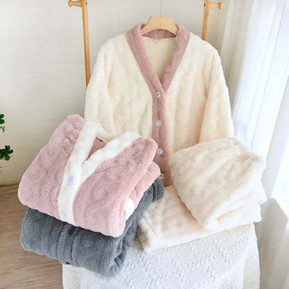 Thickened Flannel V-Neck Couple Sleepwear Long Sleeve Home Clothes Set for Autumn Winter Warm Polyester Fiber Open Cardigan