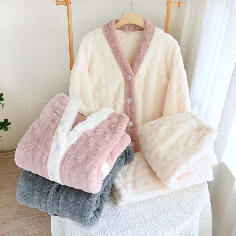 Thickened Flannel V-Neck Couple Sleepwear Long Sleeve Home Clothes Set for Autumn Winter Warm Polyester Fiber Open Cardigan