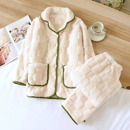 Thickened Flannel Sleepwear Long Sleeve Home Clothes Set for Couples Autumn Winter Warm Home Clothes Polyester Fiber