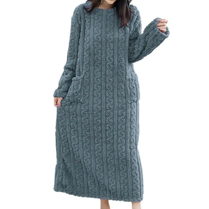 Winter Long Sleeve Flannel Nightgowns Women Loose Double Pocket Solid Sleepwear Jacquard Night Dress Thickened Warm Nightdress