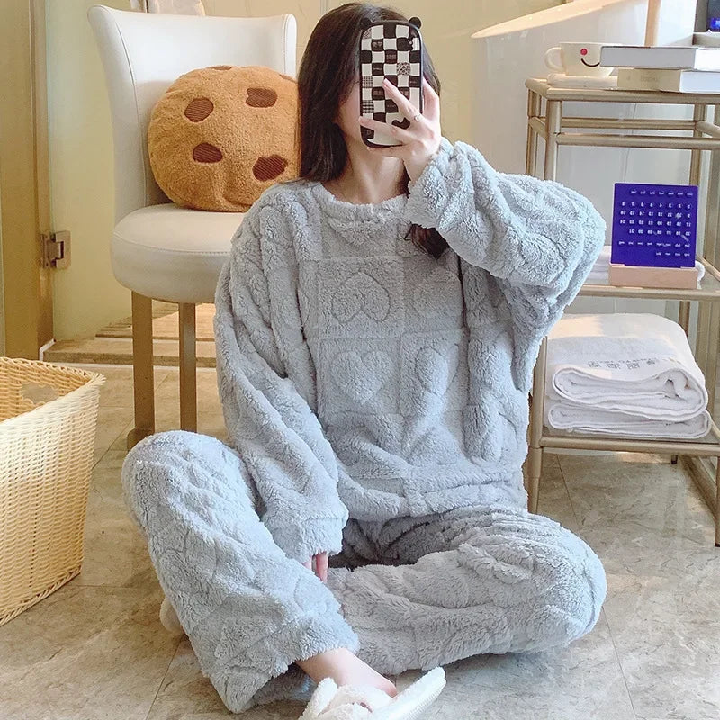 Women's Coral Fleece Sleepwear Loose Thick Home Clothes Autumn Winter New Style Warm Heart Set Outdoor Wear Fairy Style