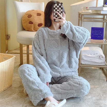 Women's Coral Fleece Sleepwear Loose Thick Home Clothes Autumn Winter New Style Warm Heart Set Outdoor Wear Fairy Style