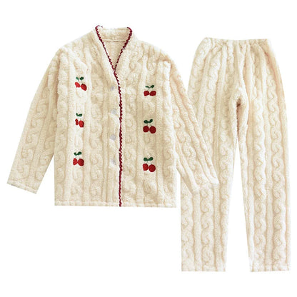 Thickened Flannel Sleepwear Set for Women Long Sleeve Long Pants Embroidered Home Clothes Soft Comfortable Winter Outfit