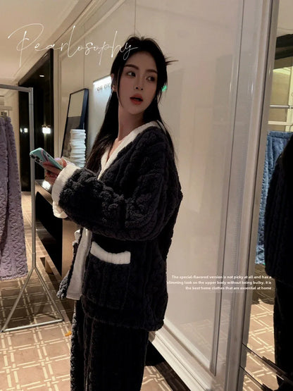 2pcs/Set Autumn and Winter Pajamas Women Thickened Padded Warm Students Coral Girls Clot Velvet Suit Homewear Cardigan Trousers