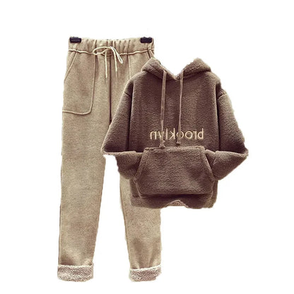Thickened Lamb Velvet Set Women's Autumn Winter New Embroidery Sweatshirt Women's + Wool Wide Leg Pants Women Two Piece Set