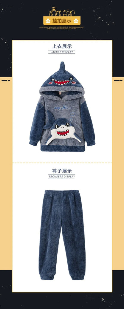 Winter Kids Fleece Pajamas Panda Children Clothing Sets Thick Hooded Pijamas for 4 6 8 12 Years Animal Cartoon Warm Home Clothes