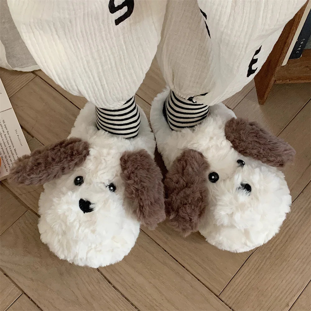 Short Fur Slippers for Women Winter Warm Furry Cozy Cotton Shoes for Home Indoor Cute Dog Couples Antiskid Slippers