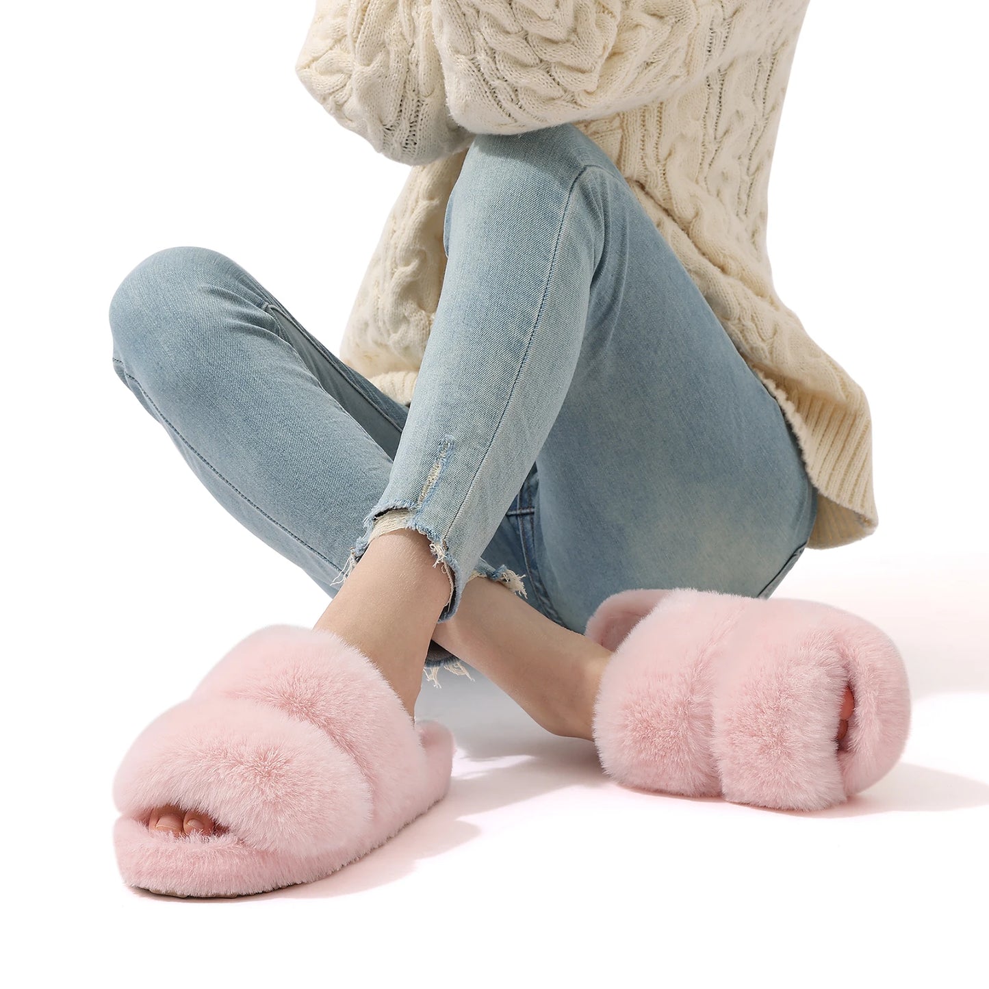 Evshine New Open Toe Fluffy Slippers Indoor Warm Fur Female Slides Fashion Plush Women House Shoes Women Winter Fuzzy Slippers