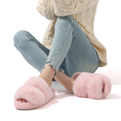 Evshine New Open Toe Fluffy Slippers Indoor Warm Fur Female Slides Fashion Plush Women House Shoes Women Winter Fuzzy Slippers