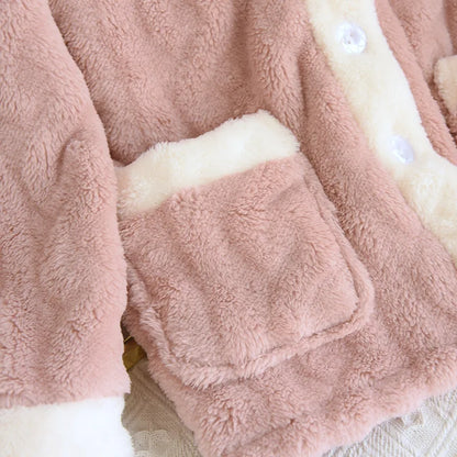 Thickened Flannel V-Neck Couple Sleepwear Long Sleeve Home Clothes Set for Autumn Winter Warm Polyester Fiber Open Cardigan