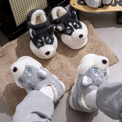 Men Home Cotton Slippers Cute Cartoon Dog Winter Warm Shoes For Couples Soft Plush Anti-slip Male Female Indoor Fluffy Slides