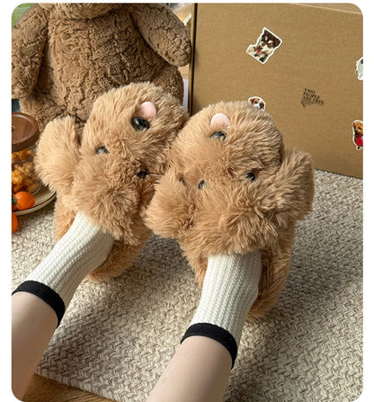 Fluffy Cartoon Women's Home Slippers Winter Cute Plush Luxury Designer Woman Shoes Flats Indoor Casual Fuzzy Fur Slides Elegant