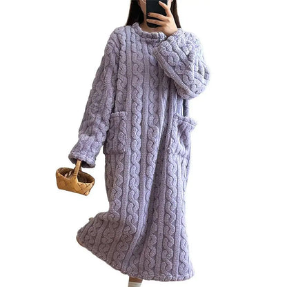 Winter Long Sleeve Flannel Nightgowns Women Loose Double Pocket Solid Sleepwear Jacquard Night Dress Thickened Warm Nightdress