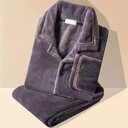 Autumn Winter Long Sleeve Thicked Warm Flannel Pajama Sets for Men Cozy Coral Velvet Sleepwear 2 Pieces Man Lounge Homewear Suit